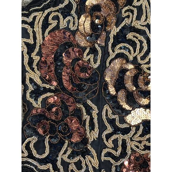 Vintage 90s Black Tie Silk Beaded Metallic Sequin Open Front Vest Gold Bronze - Picture 9 of 11